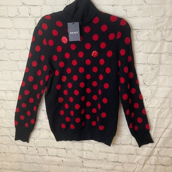 DKNY black and red polka dot turtleneck sweater - Picture 2 of 6